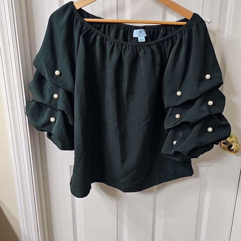 CeCe Dark Green Off-the-Shoulder Pearl Embellished Ruffle Sleeve Blouse Size L